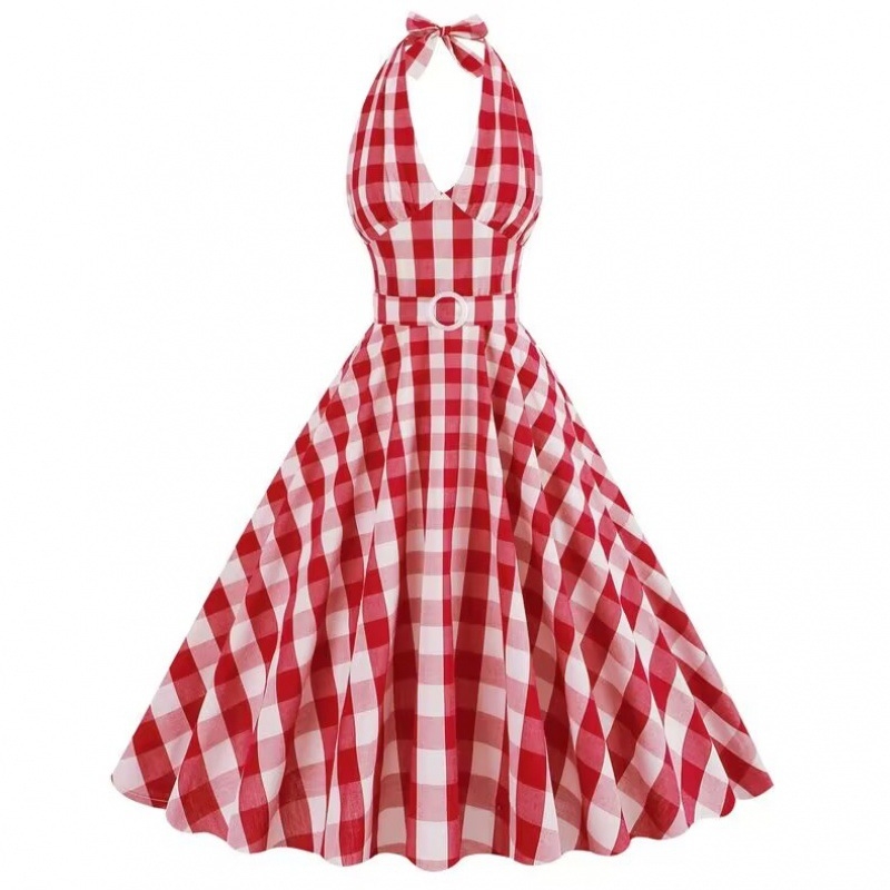 Haljina od tkanine, halter vrat, karirani uzorak, tkanina; za žene srednje dobi i starije; obrada po crtežima; glavni materijal: druge tkanine, druge mješavine denima; prilagodba dostupna