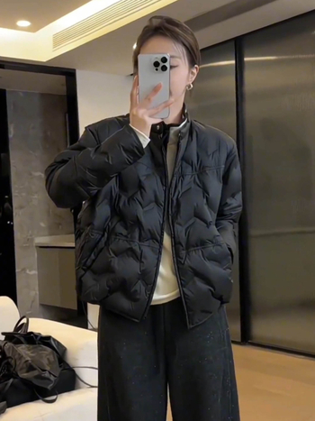 Ženska jakna bez ovratnika s pačjim perjem, kratka, vanjski materijal najlon-spandeks, zatvaranje na zip, debeli zimski stil, punilo od pačjeg puh, sadržaj perja 51–55%.