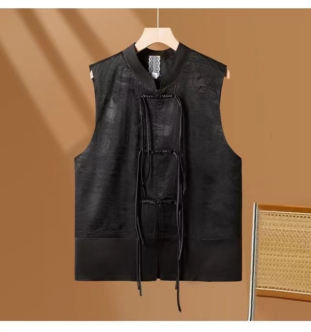 Ženski satenski prsluk u kineskom stilu, bez rukava, stojeći ovratnik, proljeće 2025, umjetnički retro