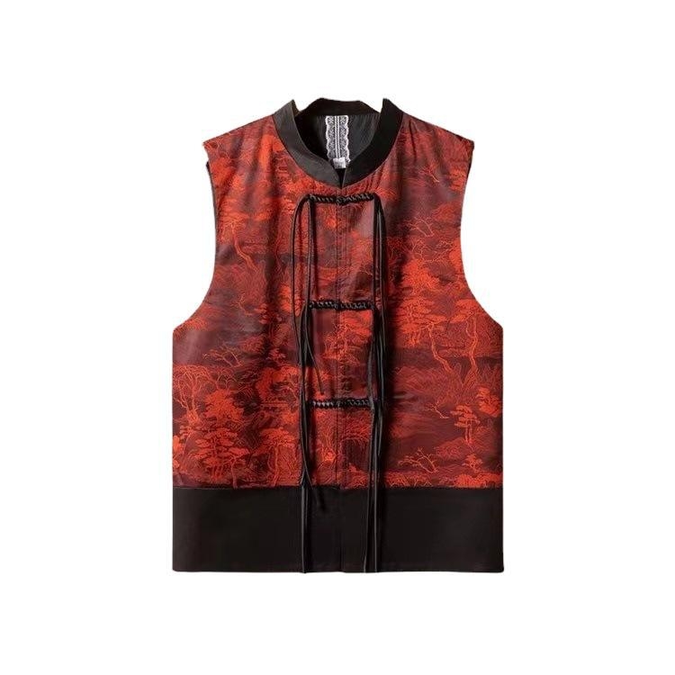 Ženski satenski prsluk u kineskom stilu, bez rukava, stojeći ovratnik, proljeće 2025, umjetnički retro