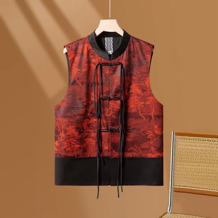 Ženski satenski prsluk u kineskom stilu, bez rukava, stojeći ovratnik, proljeće 2025, umjetnički retro