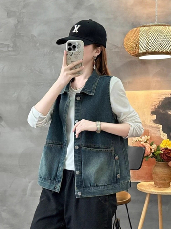 Džins prsluk za žene, korejskog stila, opuštenog kroja, bez rukava, polo ovratnik