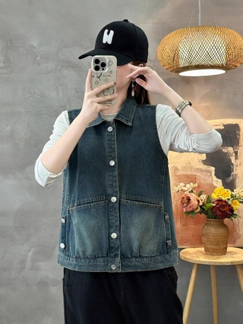 Džins prsluk za žene, korejskog stila, opuštenog kroja, bez rukava, polo ovratnik