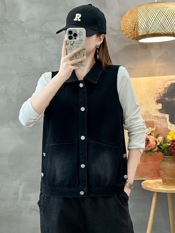 Džins prsluk za žene, korejskog stila, opuštenog kroja, bez rukava, polo ovratnik