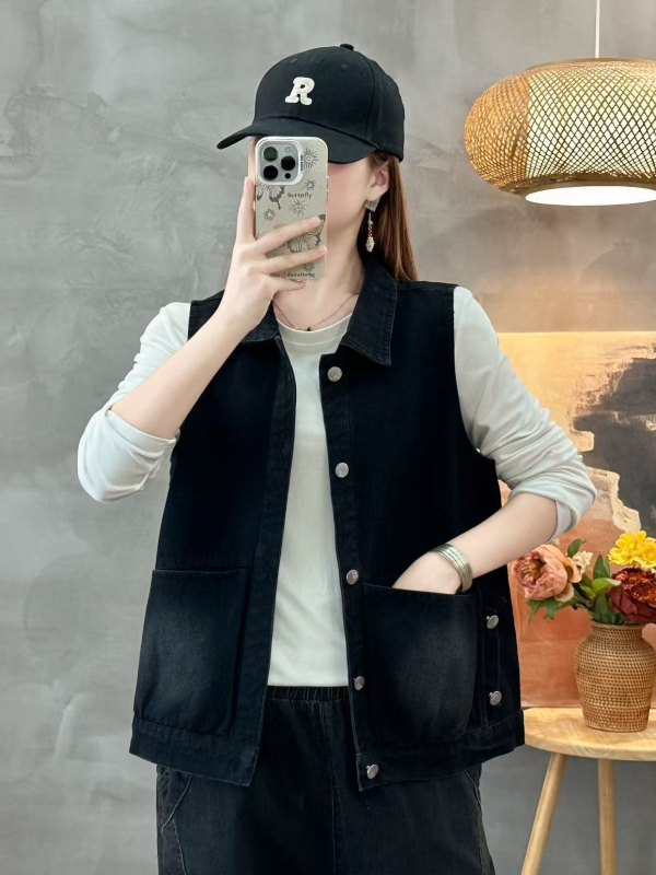 Džins prsluk za žene, korejskog stila, opuštenog kroja, bez rukava, polo ovratnik