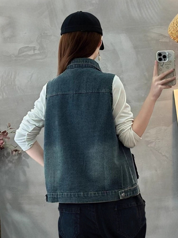 Džins prsluk za žene, korejskog stila, opuštenog kroja, bez rukava, polo ovratnik