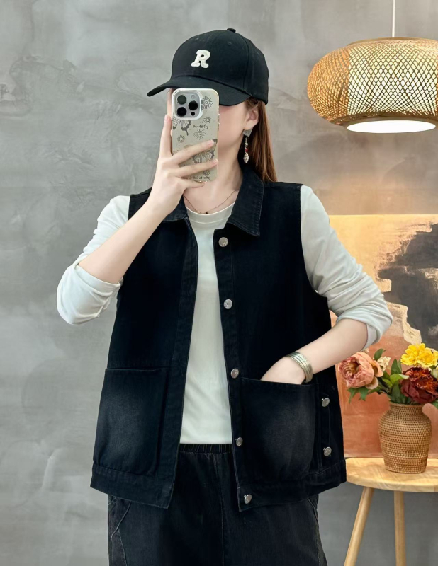 Džins prsluk za žene, korejskog stila, opuštenog kroja, bez rukava, polo ovratnik