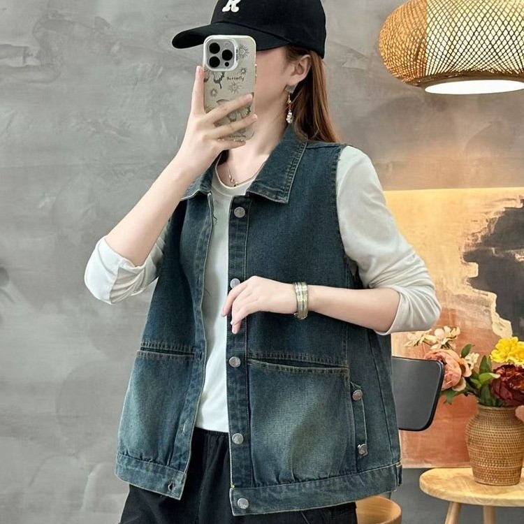 Džins prsluk za žene, korejskog stila, opuštenog kroja, bez rukava, polo ovratnik