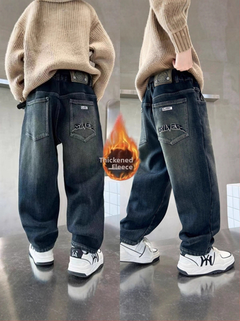 Pantaloni denim de iarnă pentru copii, căptuți cu fleece, talie înaltă, bandă elastică, stil harém casual