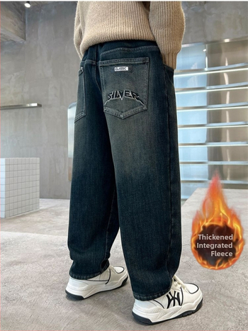 Pantaloni denim de iarnă pentru copii, căptuți cu fleece, talie înaltă, bandă elastică, stil harém casual