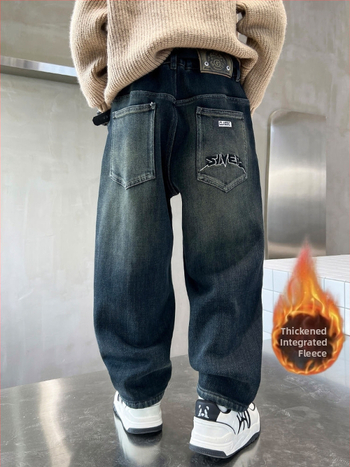 Pantaloni denim de iarnă pentru copii, căptuți cu fleece, talie înaltă, bandă elastică, stil harém casual