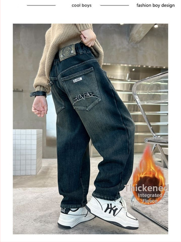 Pantaloni denim de iarnă pentru copii, căptuți cu fleece, talie înaltă, bandă elastică, stil harém casual