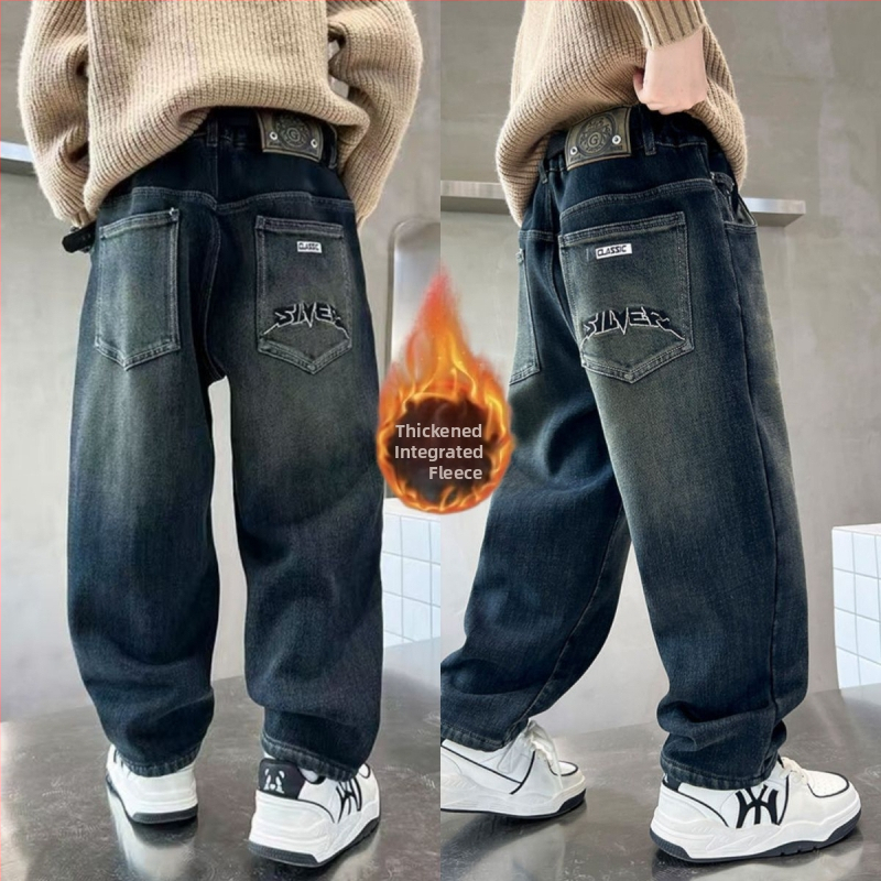 Pantaloni denim de iarnă pentru copii, căptuți cu fleece, talie înaltă, bandă elastică, stil harém casual
