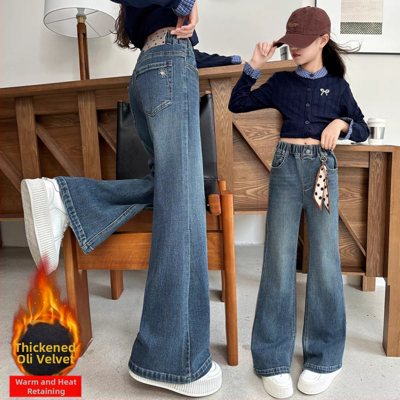 Blugi evazați pentru fete cu căptușeală din lână de miel, talie înaltă, talie elastică, țesătură groasă, 60% bumbac