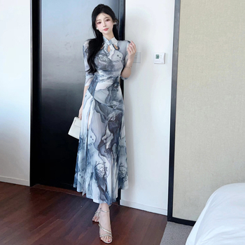 Duga haljina od poliestera s pejzažnim uzorkom, tisak, stojeći ovratnik, rukavi 3/4