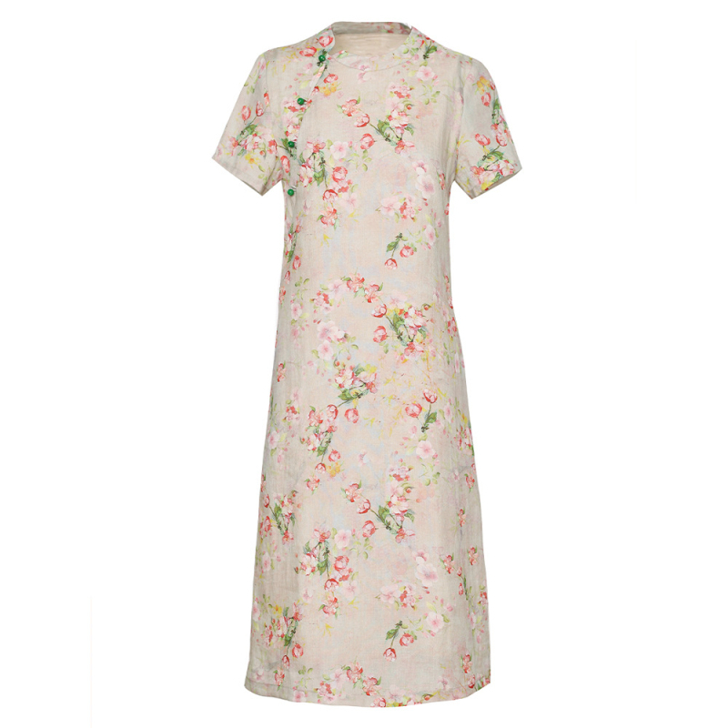 Haljina od ramije s printsom breskvinog cvijeća, okrugli izrez, kratki rukavi, duga haljina, retro stil