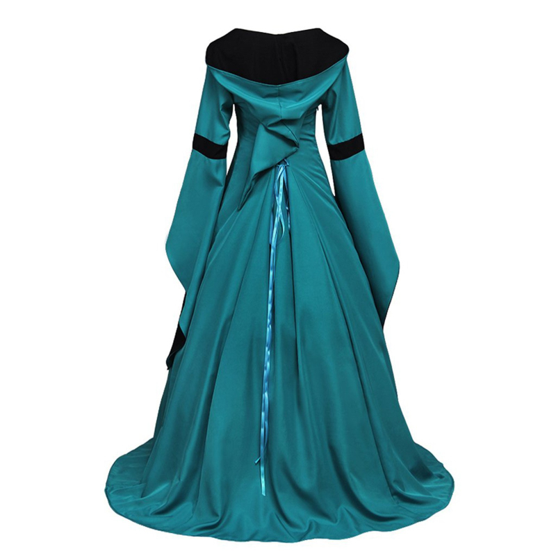 Haljina s kapuljačom, kvadratni izrez, sa šnurnama, zvonasti rukavi, midi duljina