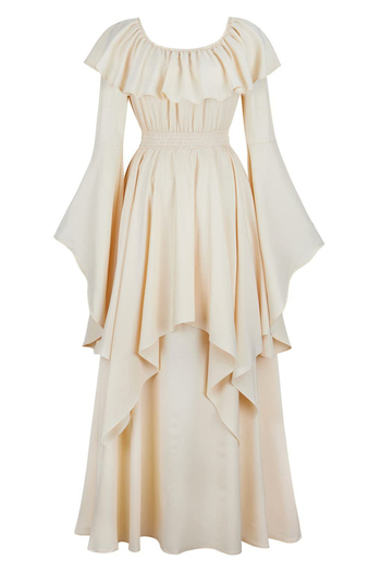 Šaty: vintage stredoveký inšpirovaný renesančný maxi strih s elastickou taliou, dlhá A-línia sukňa, nafúknuté rukávy, okrúhly výstrih, polyester.