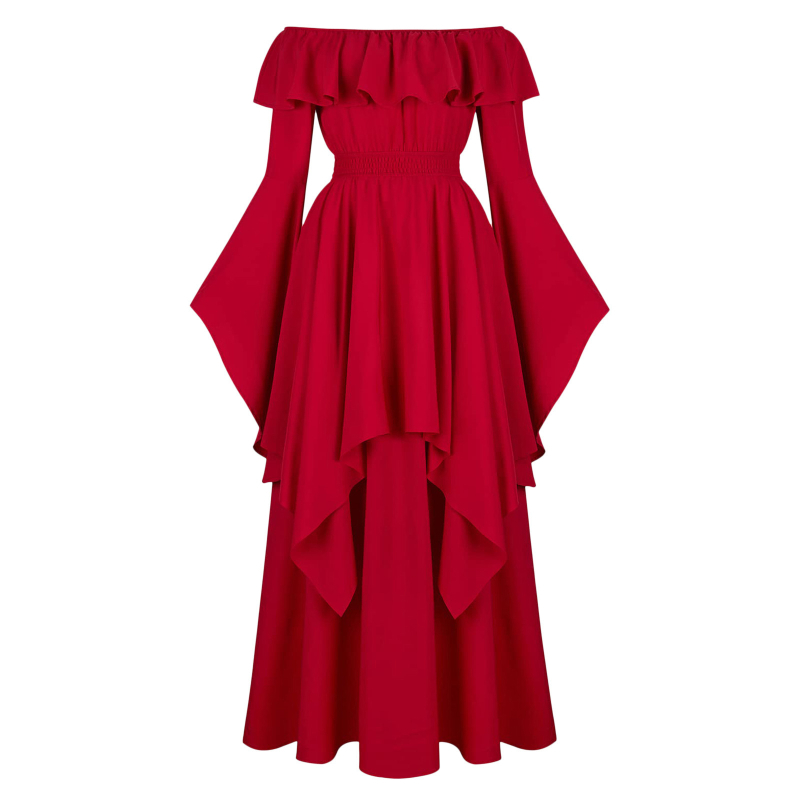 Šaty: vintage stredoveký inšpirovaný renesančný maxi strih s elastickou taliou, dlhá A-línia sukňa, nafúknuté rukávy, okrúhly výstrih, polyester.