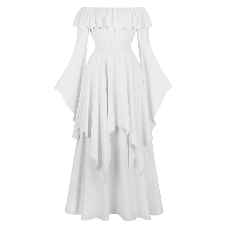 Šaty: vintage stredoveký inšpirovaný renesančný maxi strih s elastickou taliou, dlhá A-línia sukňa, nafúknuté rukávy, okrúhly výstrih, polyester.