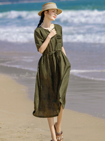 Rochie din in cu decolteu în V, imprimeu floral, talie înaltă, mâneci până la jumătate, fustă lungă