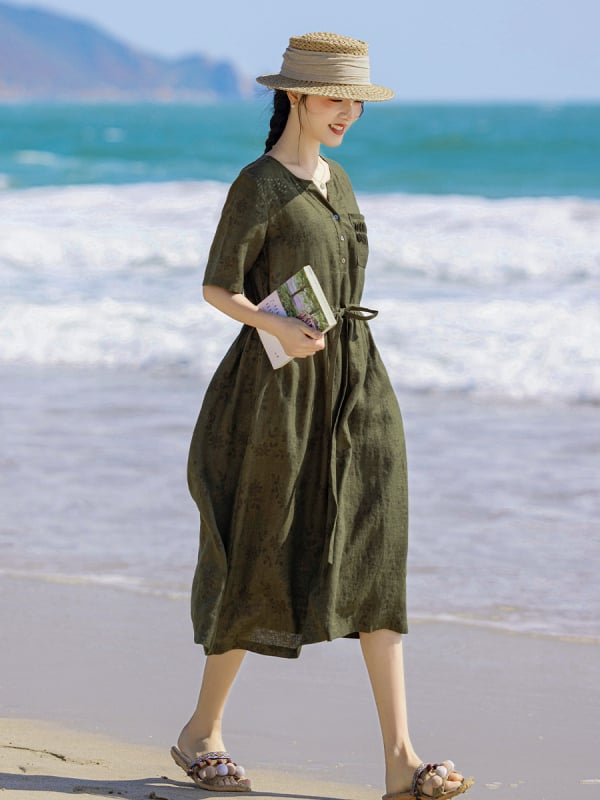 Rochie din in cu decolteu în V, imprimeu floral, talie înaltă, mâneci până la jumătate, fustă lungă