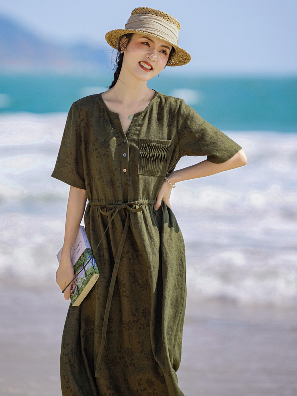 Rochie din in cu decolteu în V, imprimeu floral, talie înaltă, mâneci până la jumătate, fustă lungă