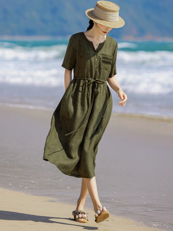 Rochie din in cu decolteu în V, imprimeu floral, talie înaltă, mâneci până la jumătate, fustă lungă