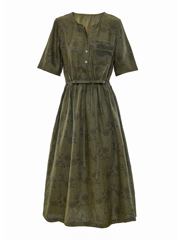 Rochie din in cu decolteu în V, imprimeu floral, talie înaltă, mâneci până la jumătate, fustă lungă