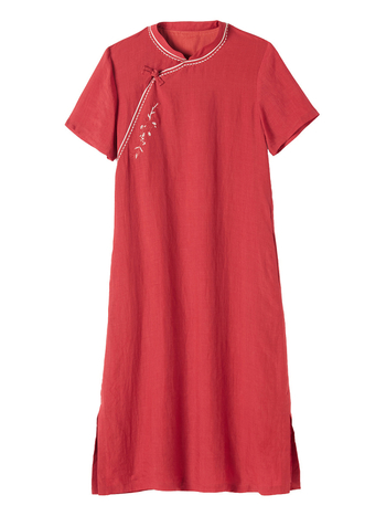 Cheongsam haljina s ramijevim vezom, kratki rukav, stojeći ovratnik, srednji pojas, duga haljina