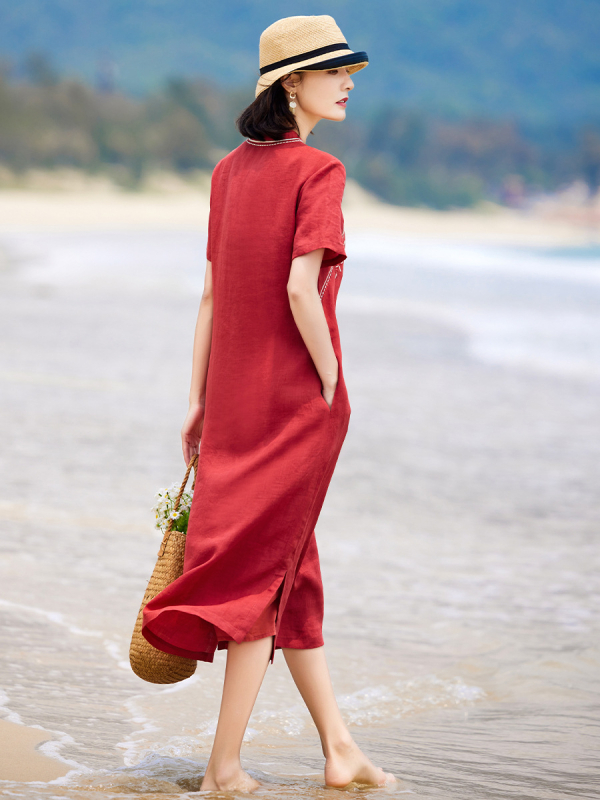 Cheongsam haljina s ramijevim vezom, kratki rukav, stojeći ovratnik, srednji pojas, duga haljina