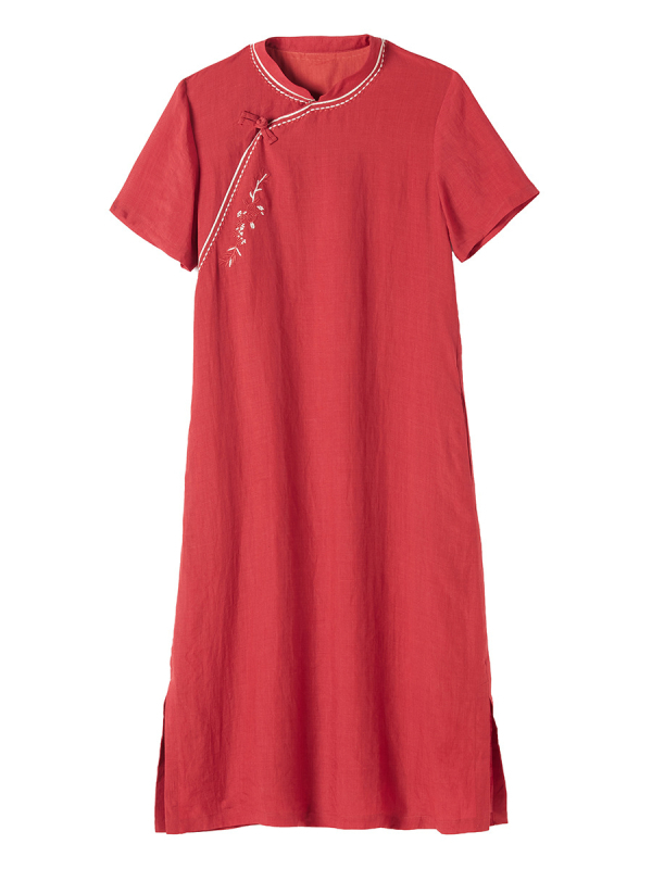 Cheongsam haljina s ramijevim vezom, kratki rukav, stojeći ovratnik, srednji pojas, duga haljina