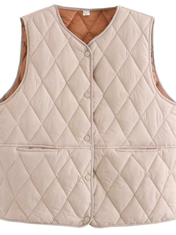 Ženski zimski prsluk bez rukava s V-izrezom, široka silueta, ovčja vuna, kopčanje u jednoj liniji, sezona zima 2023