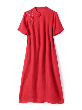 Rochie în stil chinezesc din ramie brodată, guler înalt, mâneci scurte, imprimeu floral vegetal, lungă