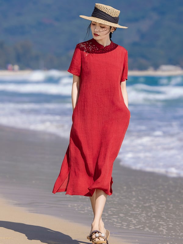 Rochie în stil chinezesc din ramie brodată, guler înalt, mâneci scurte, imprimeu floral vegetal, lungă