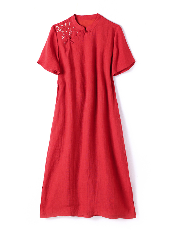 Rochie în stil chinezesc din ramie brodată, guler înalt, mâneci scurte, imprimeu floral vegetal, lungă