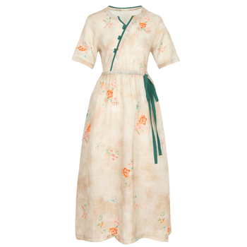 Rochie din ramie imprimată, talie înaltă, șnur, mâneci scurte, lungă, vaporoasă (ramie, imprimeu, talie înaltă, șnur, mâneci scurte, rochie lungă)