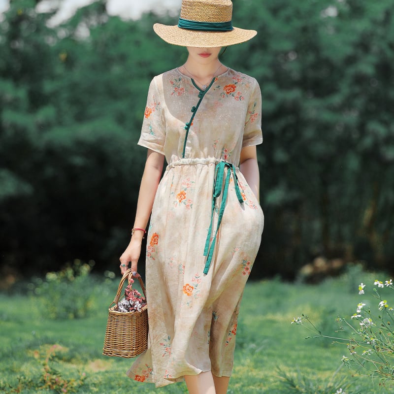 Rochie din ramie imprimată, talie înaltă, șnur, mâneci scurte, lungă, vaporoasă (ramie, imprimeu, talie înaltă, șnur, mâneci scurte, rochie lungă)