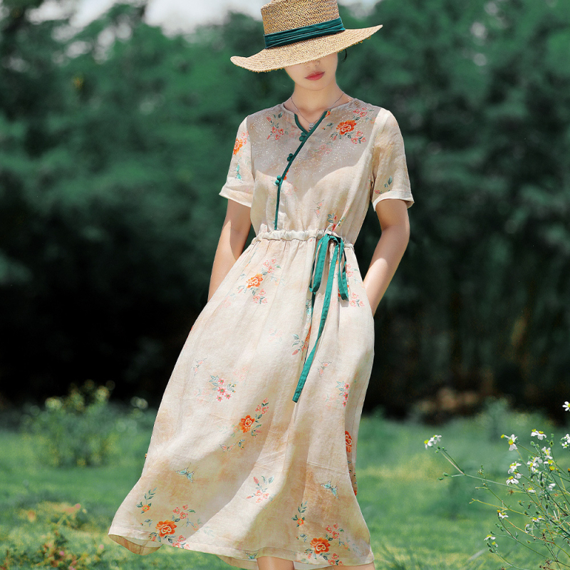 Rochie din ramie imprimată, talie înaltă, șnur, mâneci scurte, lungă, vaporoasă (ramie, imprimeu, talie înaltă, șnur, mâneci scurte, rochie lungă)