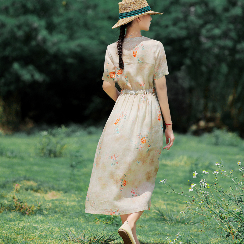 Rochie din ramie imprimată, talie înaltă, șnur, mâneci scurte, lungă, vaporoasă (ramie, imprimeu, talie înaltă, șnur, mâneci scurte, rochie lungă)