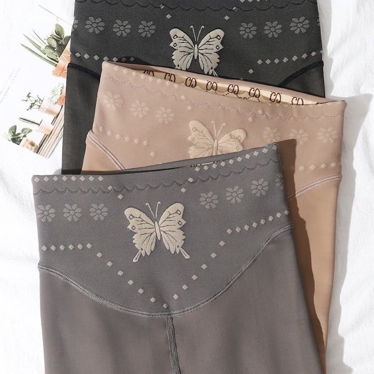 Sieviešu neilona zeķbikses ar 3D tauriņiem, augsta josta vēdera kontrolei, bieza fleece iekšējā oderējums, vienkrāsains raksts, deviņpunktu zeķes, Rompers garums, vecuma grupa 18–40