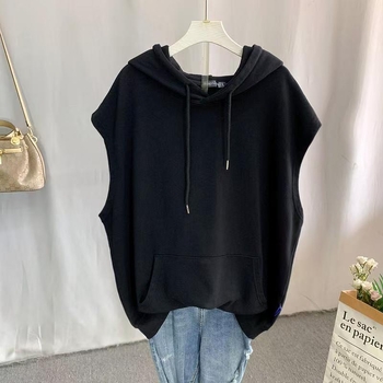 Ženski bezrukšni prsluk s kapuljicom - opuštena silueta, srednja duljina, proljeće 2025, polo ovratnik, Chenille tkanina s udjelom Spandex (<30%)