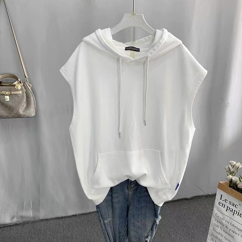 Ženski bezrukšni prsluk s kapuljicom - opuštena silueta, srednja duljina, proljeće 2025, polo ovratnik, Chenille tkanina s udjelom Spandex (<30%)