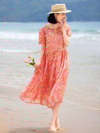 Rochie din ramie cu imprimeu floral, mâneci scurte, guler rotund, stil literar retro, croială lungă