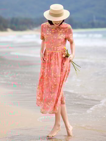 Rochie din ramie cu imprimeu floral, mâneci scurte, guler rotund, stil literar retro, croială lungă