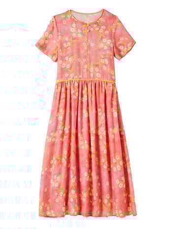 Rochie din ramie cu imprimeu floral, mâneci scurte, guler rotund, stil literar retro, croială lungă