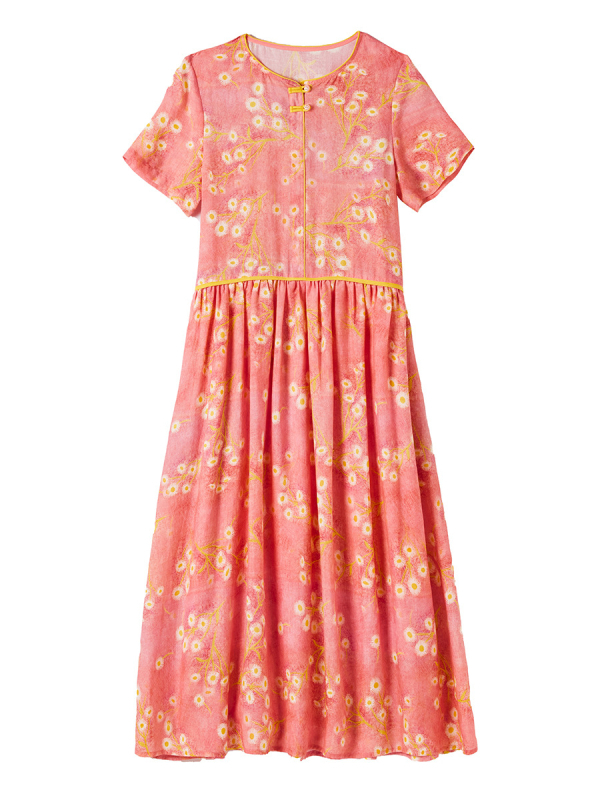 Rochie din ramie cu imprimeu floral, mâneci scurte, guler rotund, stil literar retro, croială lungă