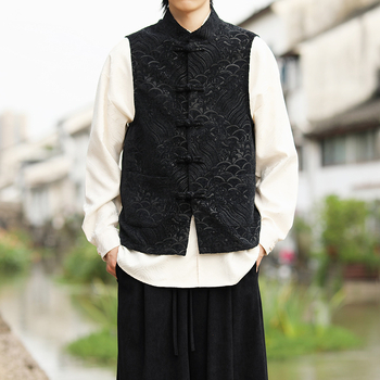 Ανδρικό γιλέκο κινεζικού στυλ με τζακάρντ ύφανση, πολυεστερικό ύφασμα