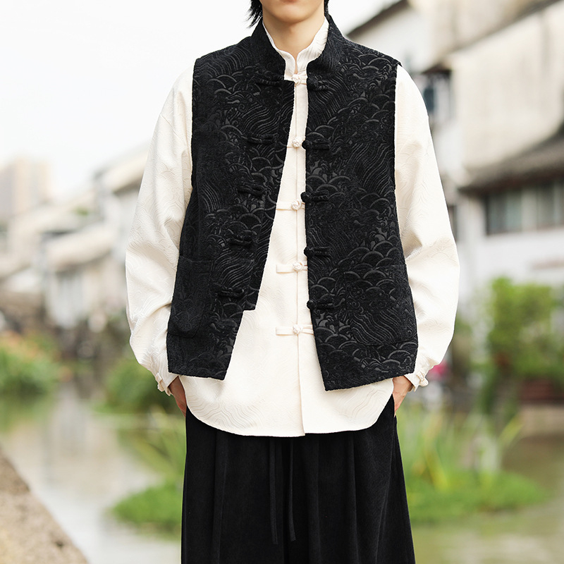 Ανδρικό γιλέκο κινεζικού στυλ με τζακάρντ ύφανση, πολυεστερικό ύφασμα