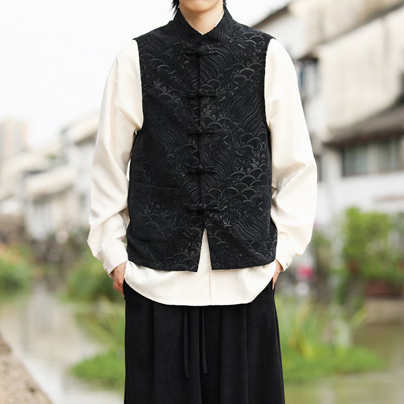Ανδρικό γιλέκο κινεζικού στυλ με τζακάρντ ύφανση, πολυεστερικό ύφασμα